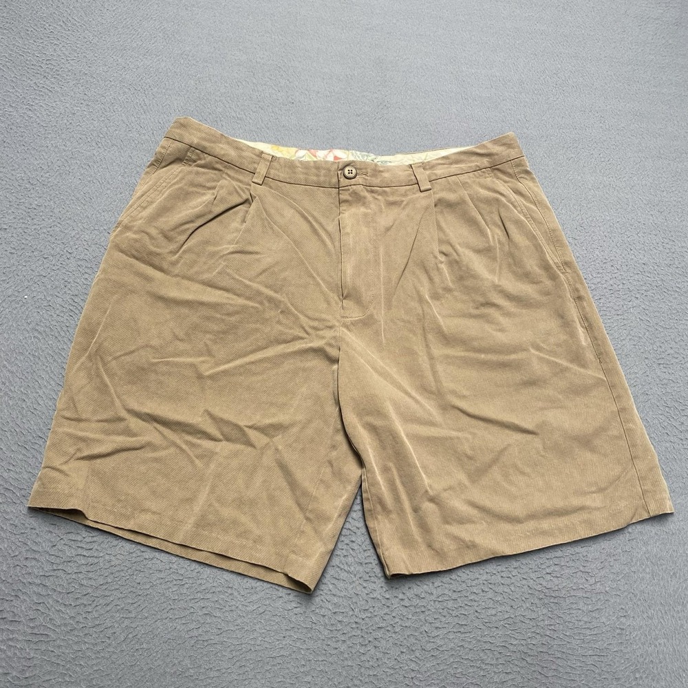 Tommy Bahama Shorts Mens 36 Beige‎ Silk Pleated Chino Casual Relaxed Fit 10 In
